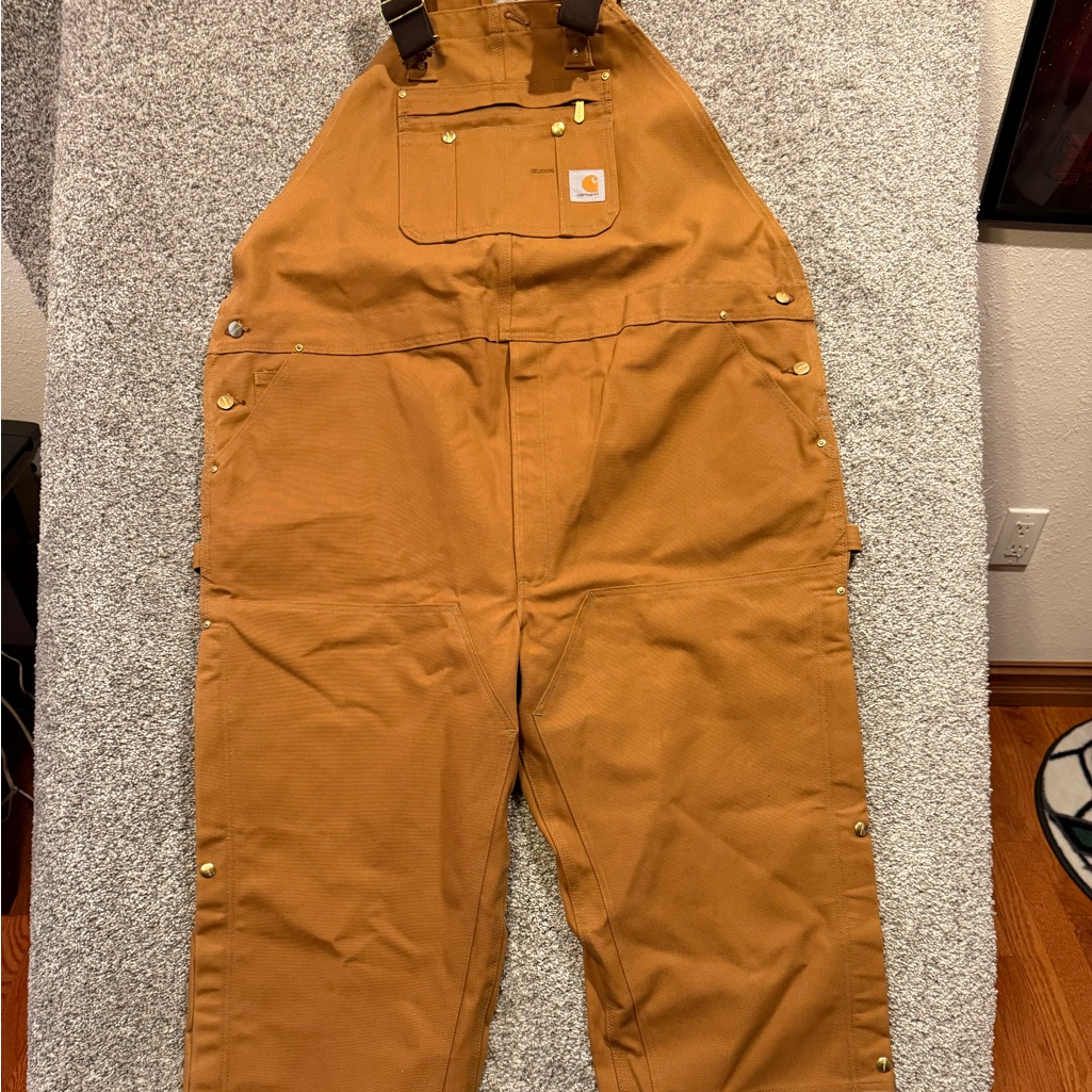 Carhartt Bib Overall Canvas Men 50x32 Double Knee R37 Brn Zip To Thigh Workwear